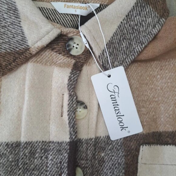 Fantaslook Women’s Plaid Button-Up Shirt Jacket – Beige Brown Check (Size S) - Picture 2 of 7